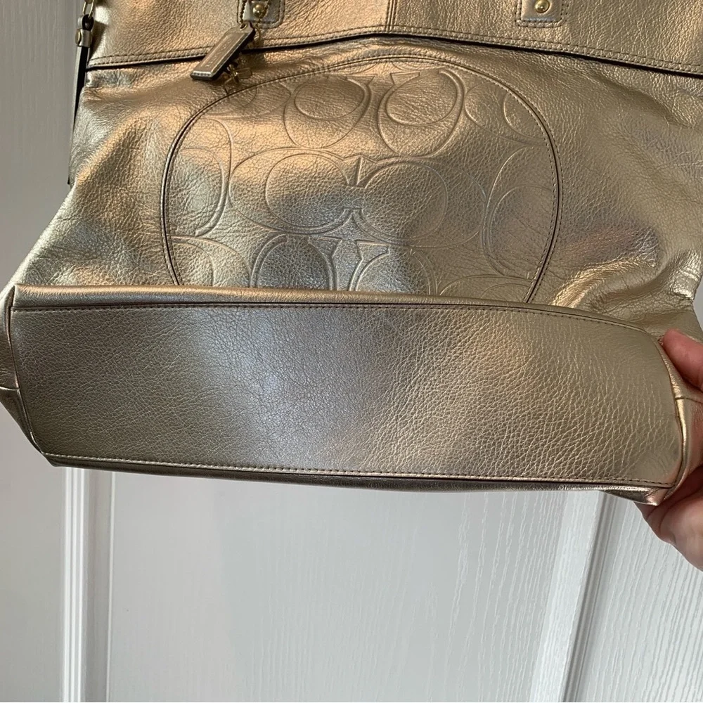COACH Laura Leather Signature Print Tote Shoulder Bag Metallic Gold - Picture 6 of 16